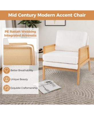 Mid Century Modern Accent Chair with Rattan Arms and Cushion