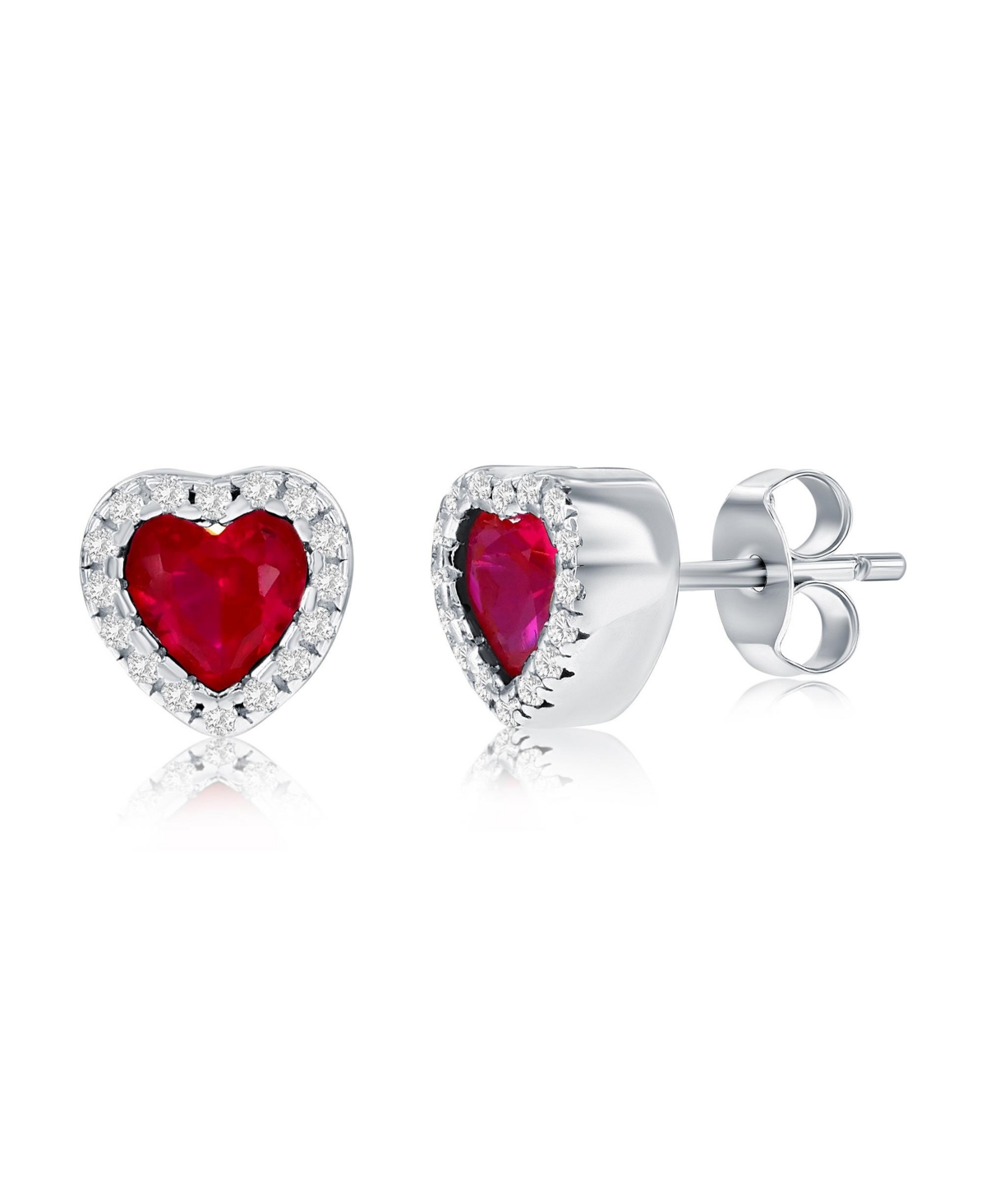 Sterling Silver, Ruby Cz Heart Stud Earrings - Ruby