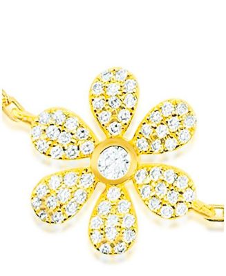 Yellow Gold Tone Double Flower Pave Cubic Zirconia Bracelet Adjustable