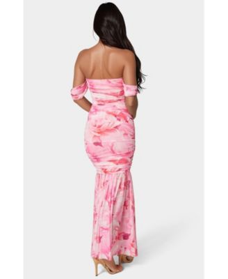 Women's Off Shoulder Ruched Mesh Gown