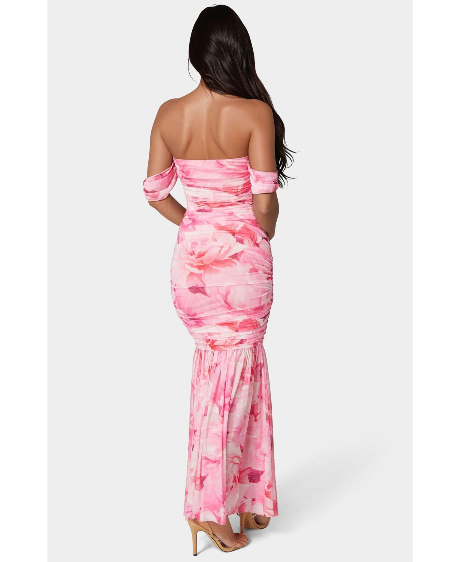 Women's Off Shoulder Ruched Mesh Gown