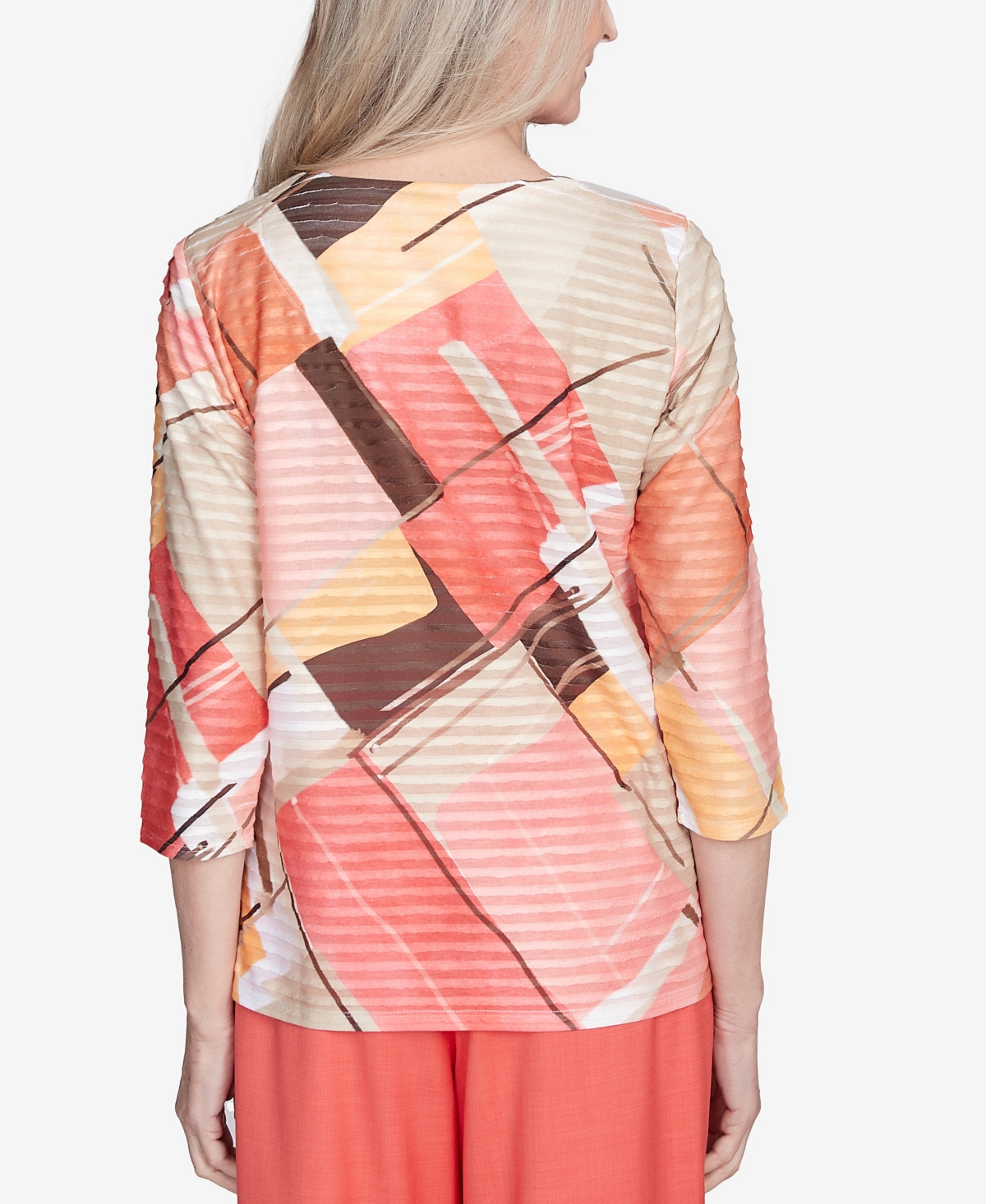 Alfred Dunner Plus Size Catalina Island Colorful Patchwork Crew Neck Top In Tangerine Multi