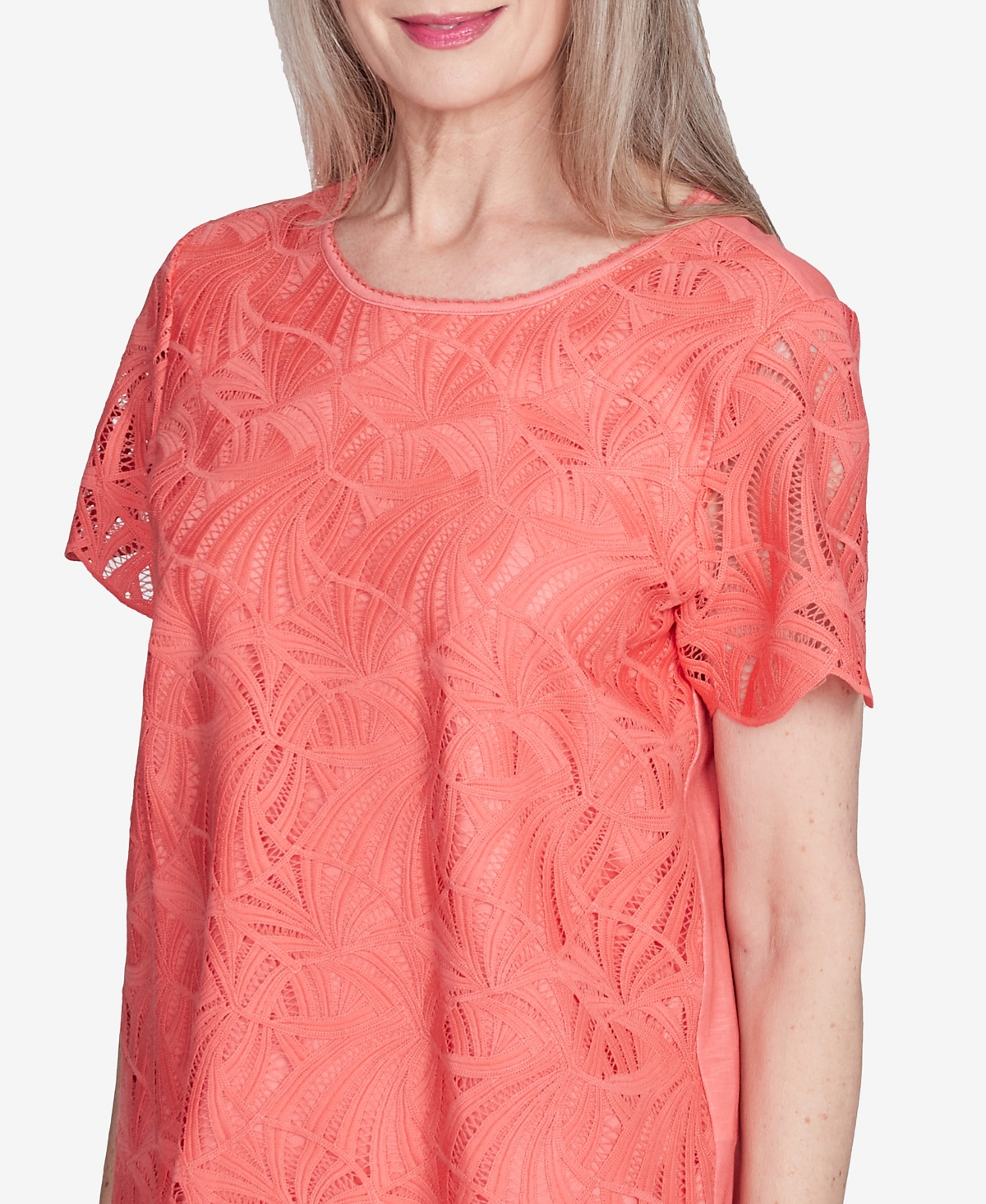 Alfred Dunner Plus Size Catalina Island Lace Trimmed Textured Crew Neck Top In Tangerine