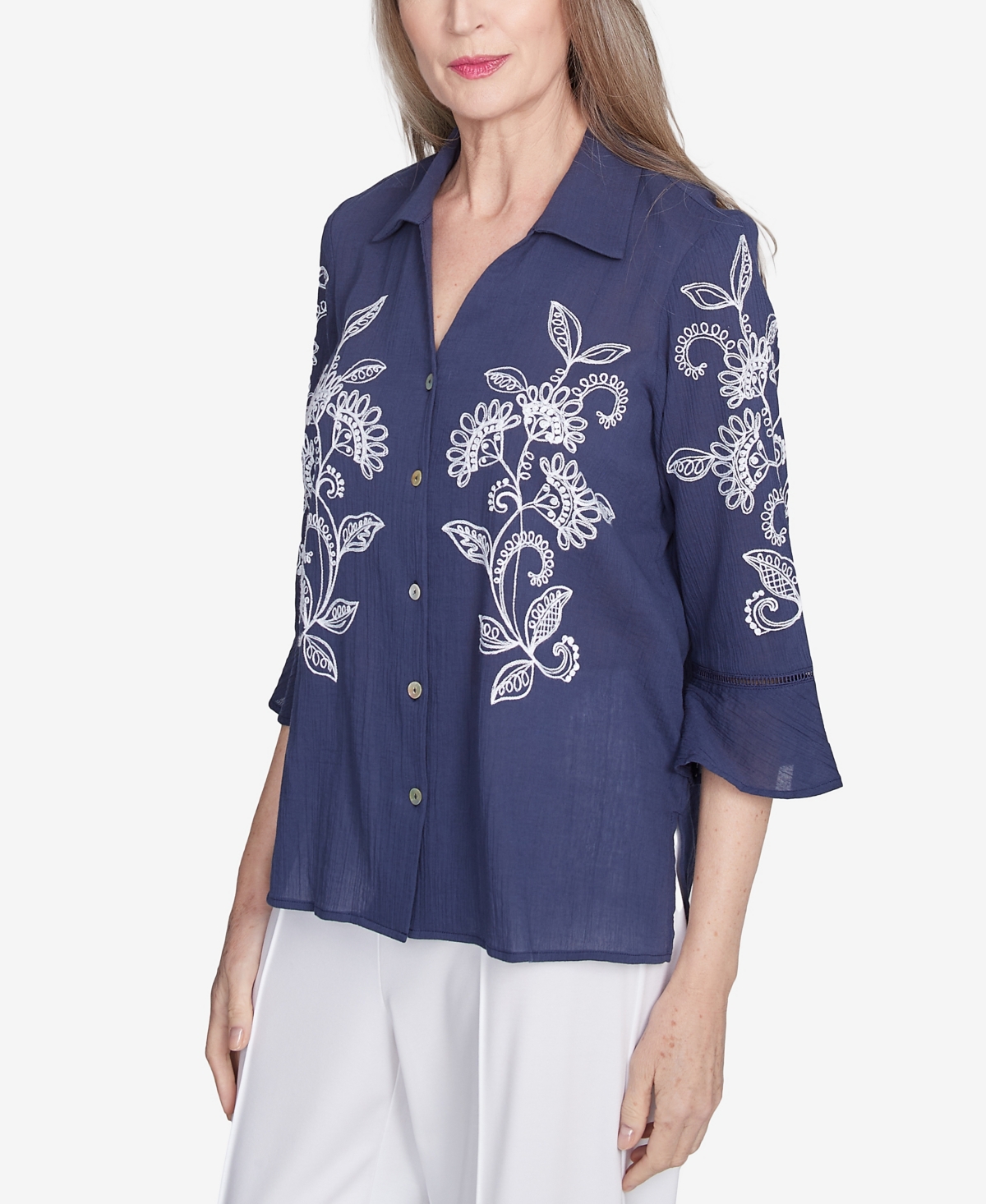Alfred Dunner Petite Nantucket Embroidered Marine Button Front Collared Neckline Top In Marine Blue