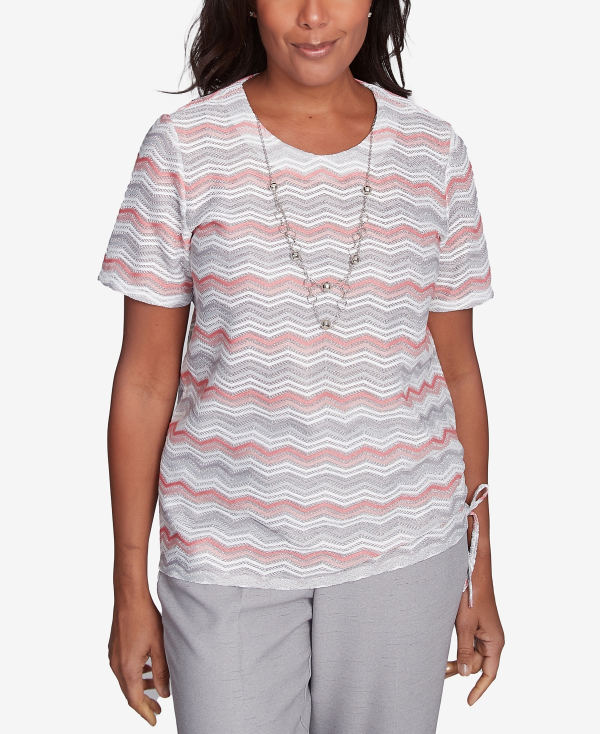 Alfred Dunner Petite Estate Of Mind Chevron Shimmer Top With Necklace In Multi Pink