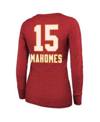 Женская футболка Majestic's Patrick Mahomes Red Kansas City Chiefs Super Bowl LIX с именем и номером игрока, трехслойная футболка с длинным рукавом и круглым вырезом горловины.