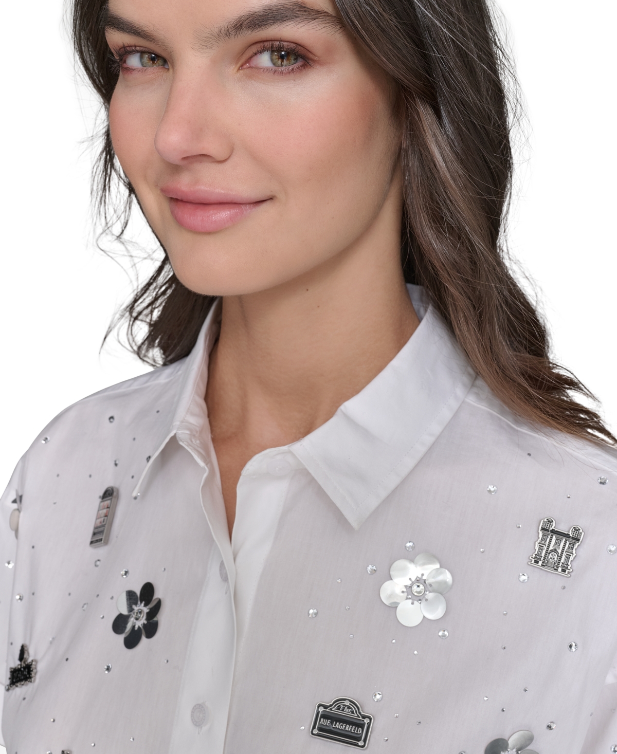 Karl Lagerfeld Women's Embellished Cropped Button-down Shirt In White