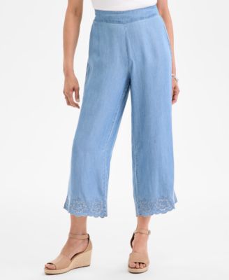 Women's Chambray Embroidered-Hem Cropped Pants, Exclusively at Macy's