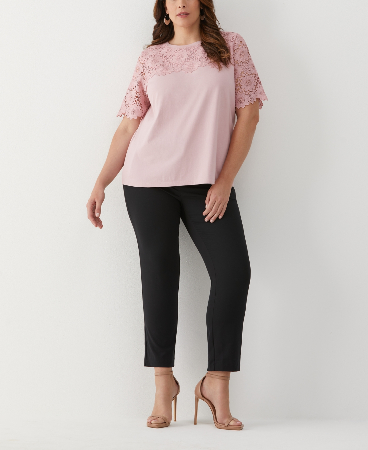 ELLA RAFAELLA PLUS SIZE LACE YOKE KNIT SHORT SLEEVE TOP 