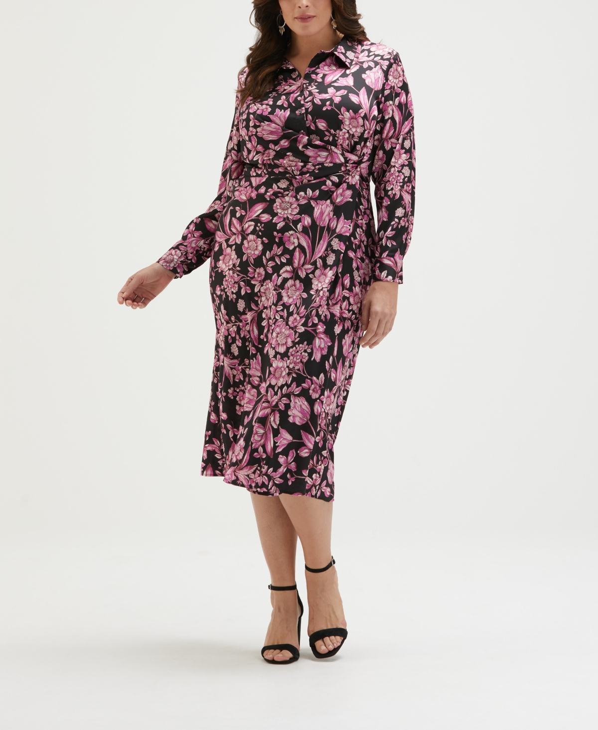 ELLA RAFAELLA PLUS SIZE FLORAL PRINT GATHERED POPOVER MIDI DRESS 