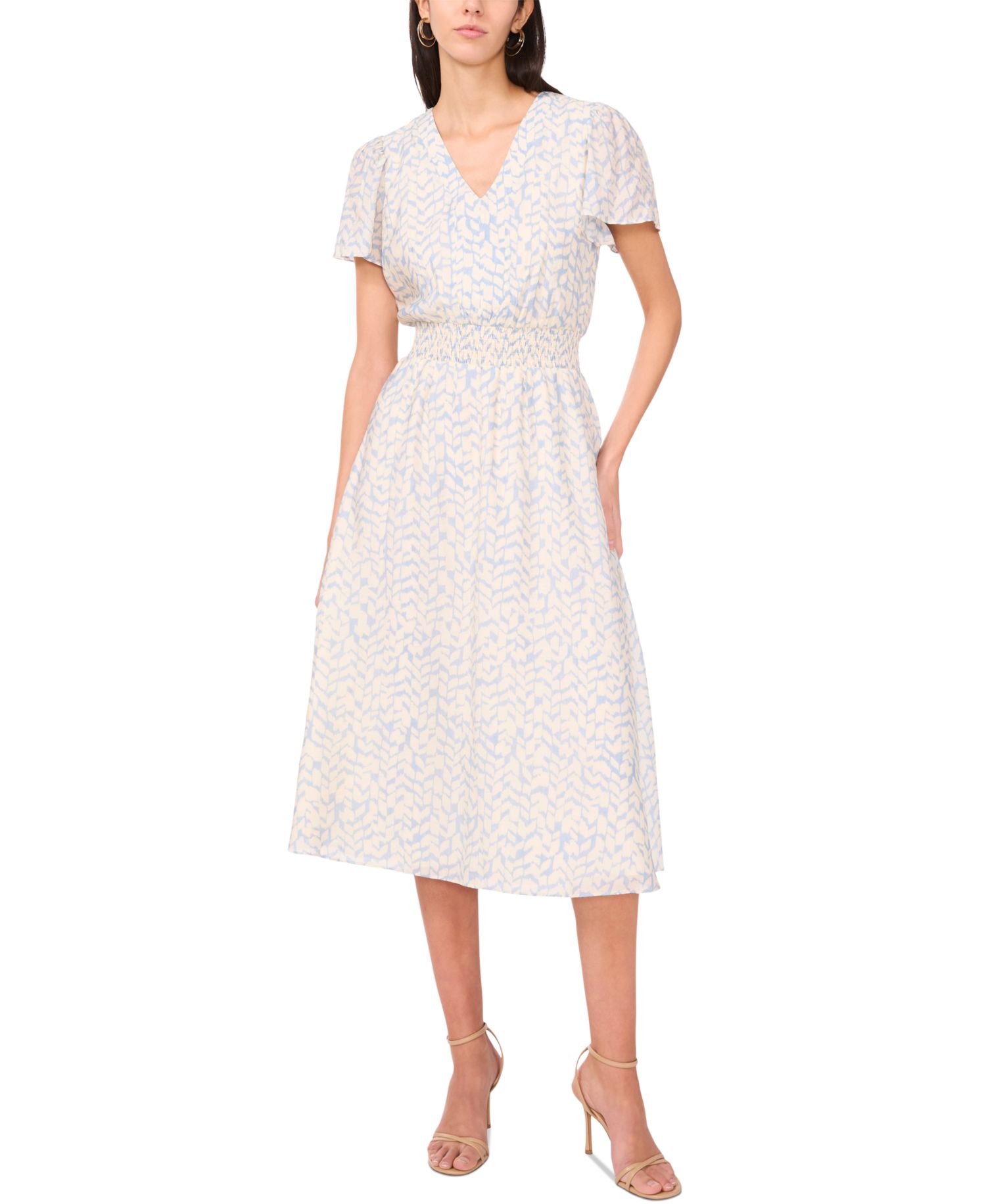 Women's Printed V-Neck Smocked-Waist Midi Dress