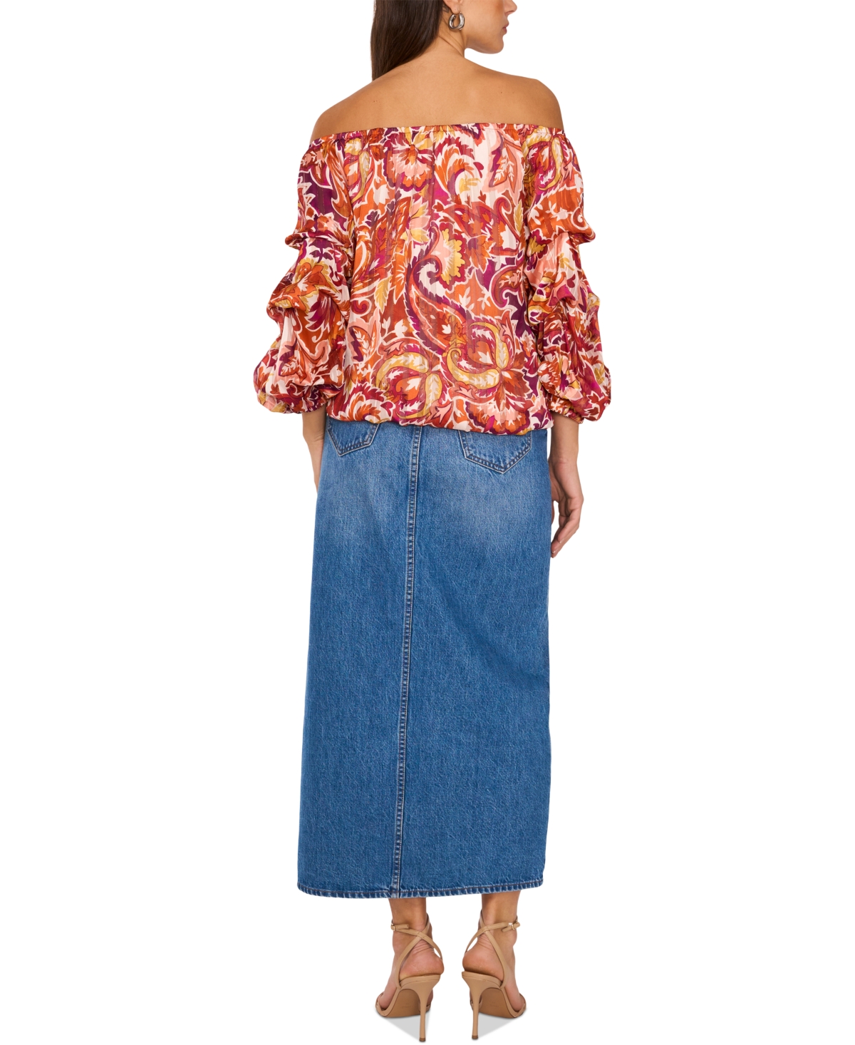 Vince Camuto Paisley Off The Shoulder Bubble Sleeve Top In Wine