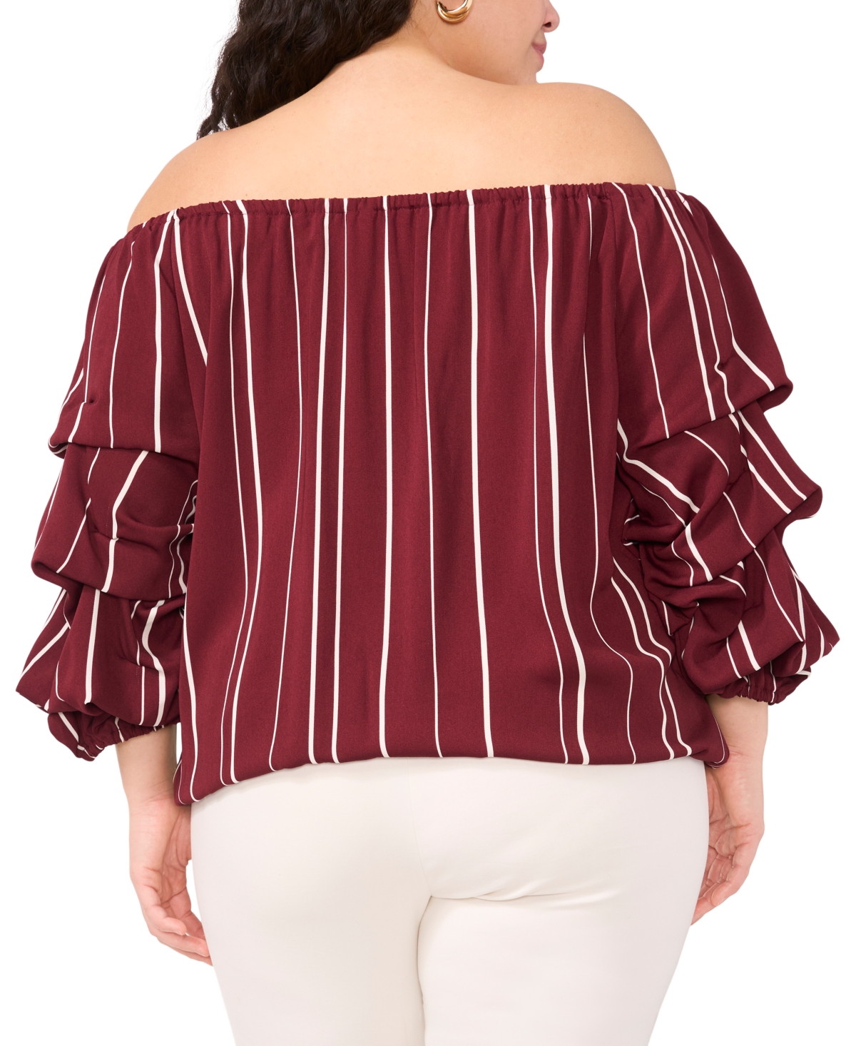 VINCE CAMUTO PLUS SIZE STRIPED OFF-THE-SHOULDER BUBBLE 3/4-SLEEVE TIE-FRONT BLOUSE 