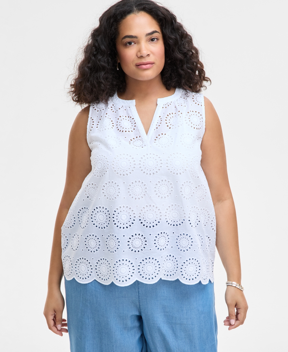ON 34TH TRENDY PLUS SIZE COTTON EYELET SPLIT-NECK TANK, EXCLUSIVELY AT MACY'S 