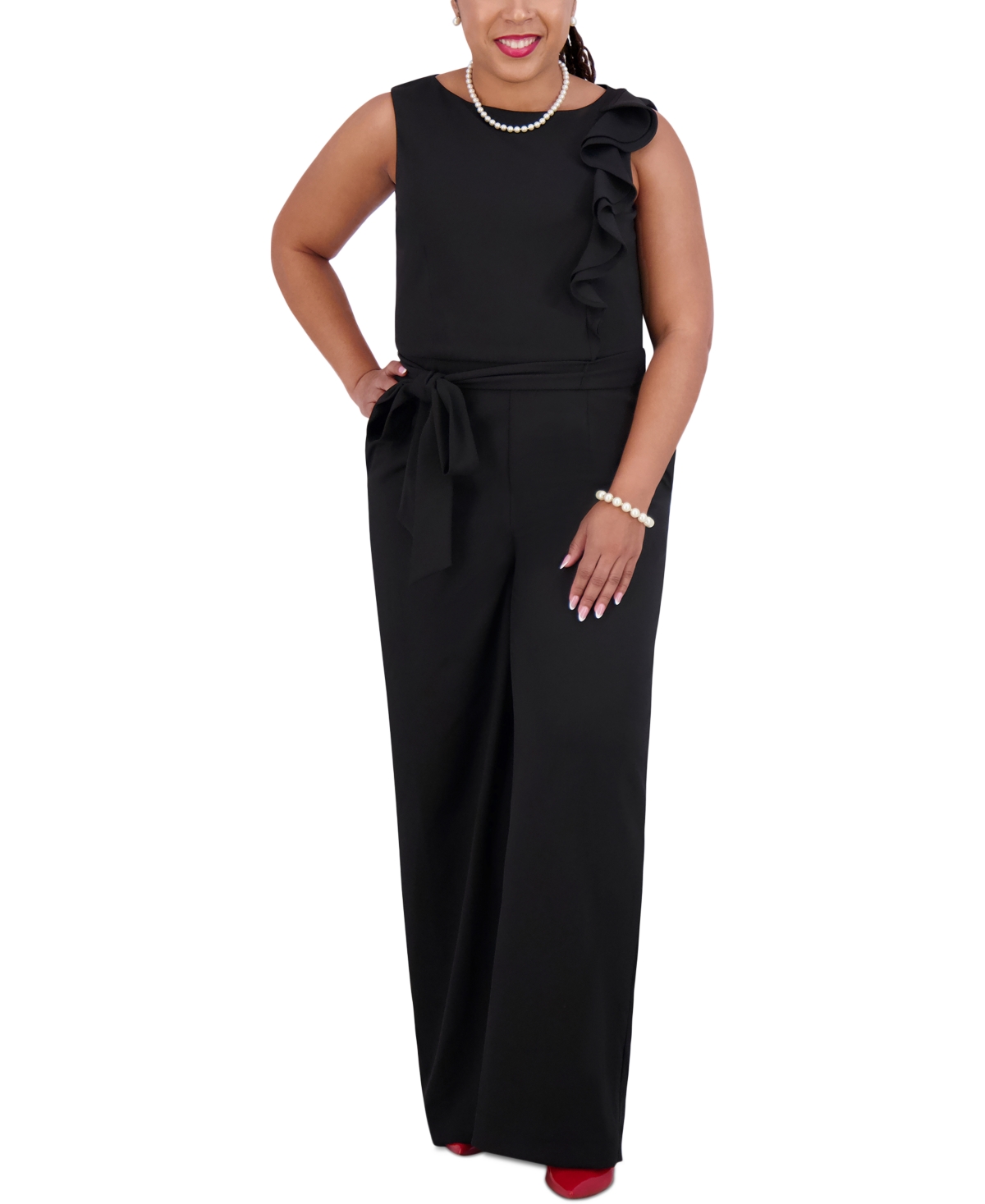 Women's Ruffle-Shoulder Sleeveless Jumpsuit - Blk