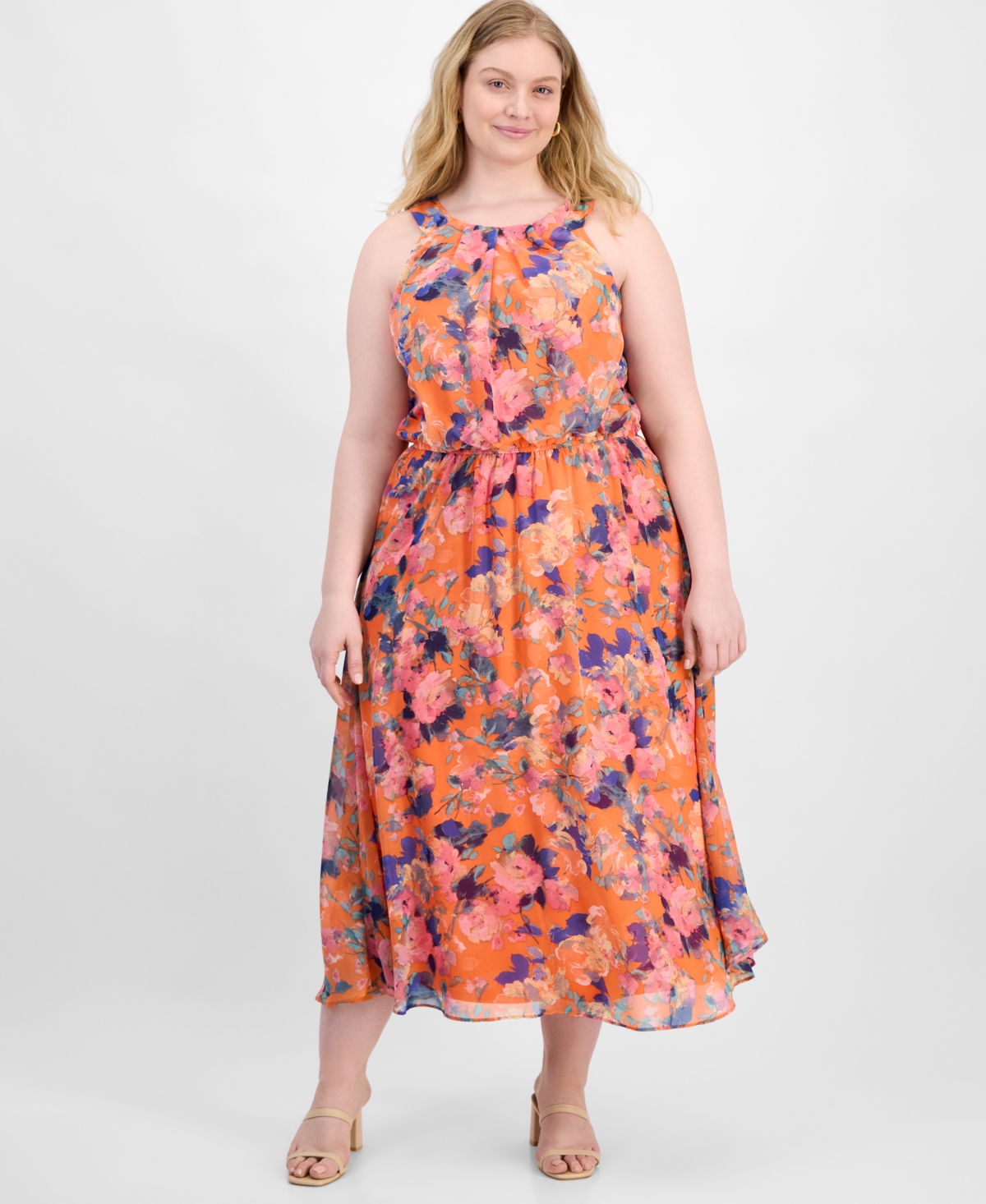 Plus Size Halter-Neck Chiffon Maxi Dress - Orange Pink