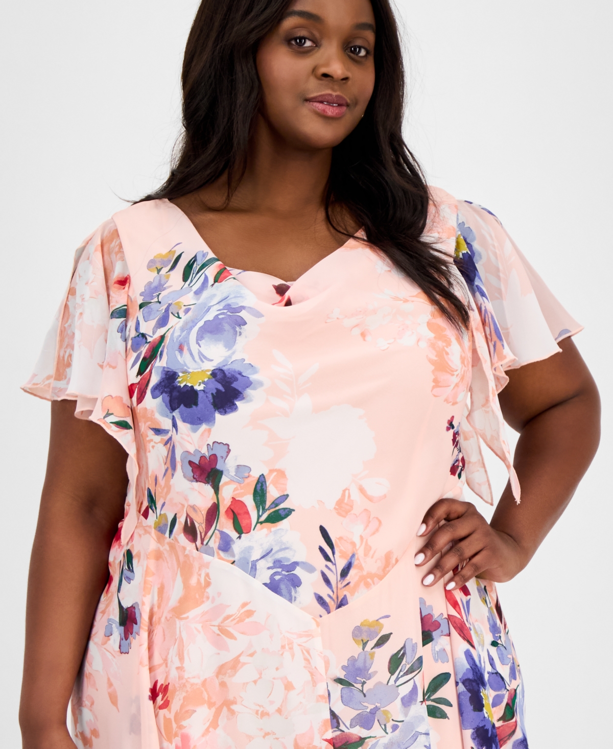 ROBBIE BEE PLUS SIZE PRINTED COWL-NECK FLUTTER-SLEEVE DRESS 