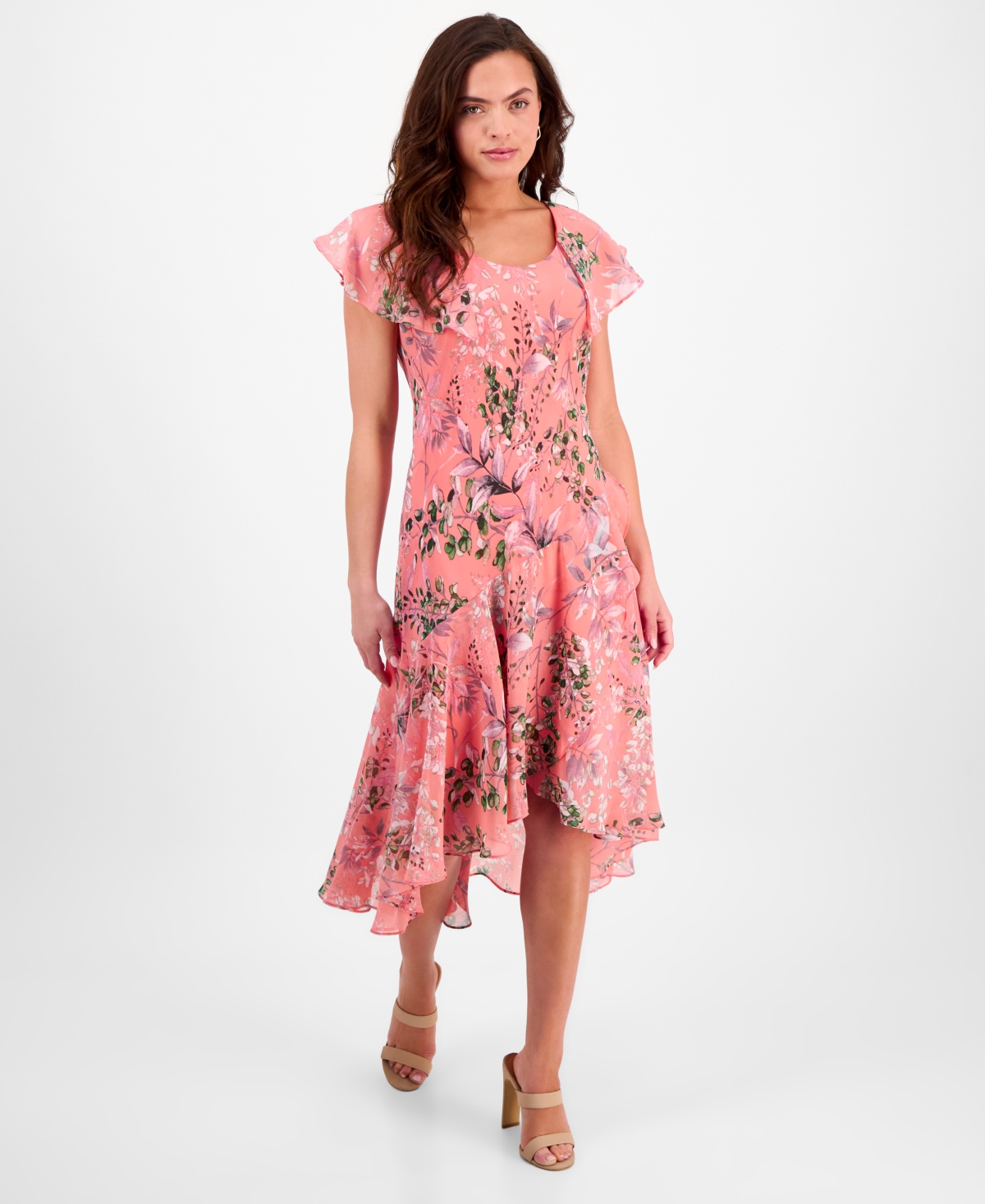 ROBBIE BEE PETITE FLORAL FLUTTER-SLEEVE MIDI DRESS