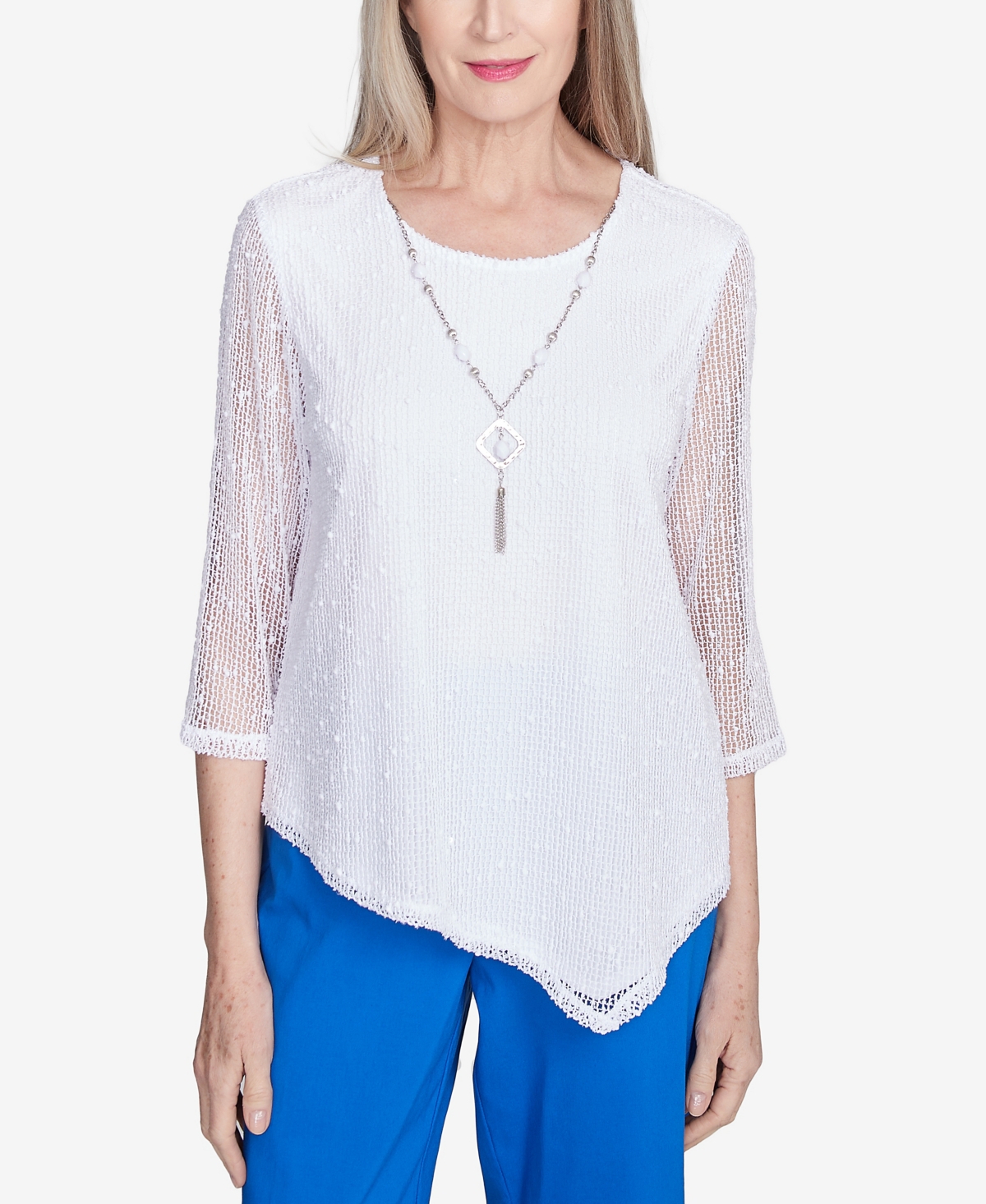 Petite Parrot Cay Popcorn Mesh Top with Necklace - White