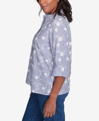 Легкий топ в полоску с цветочной аппликацией Alfred Dunner Petite Flower Power