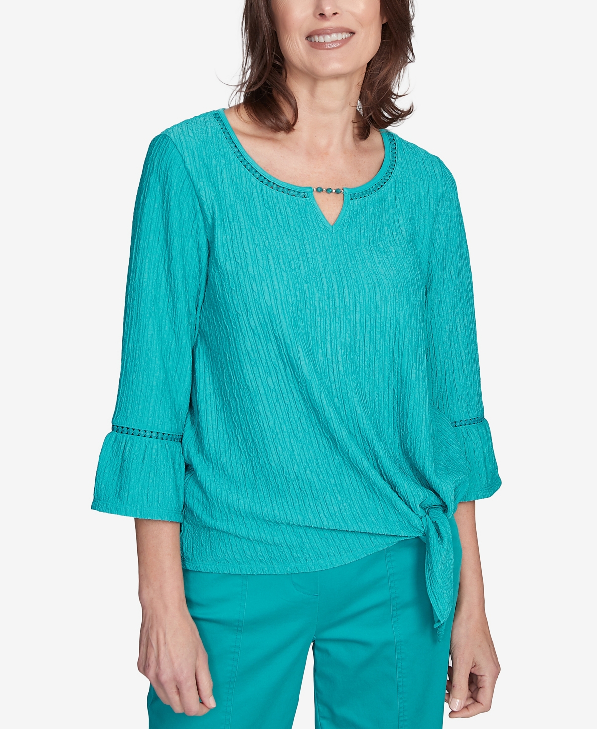 Petite Nantucket Solid Tie Front Bell Sleeve Top - Jade