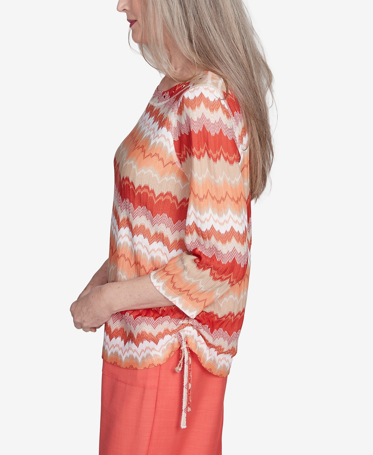 Alfred Dunner Plus Size Catalina Island Modern Chevron Drawstring Crew Neck Top In Tangerine Multi