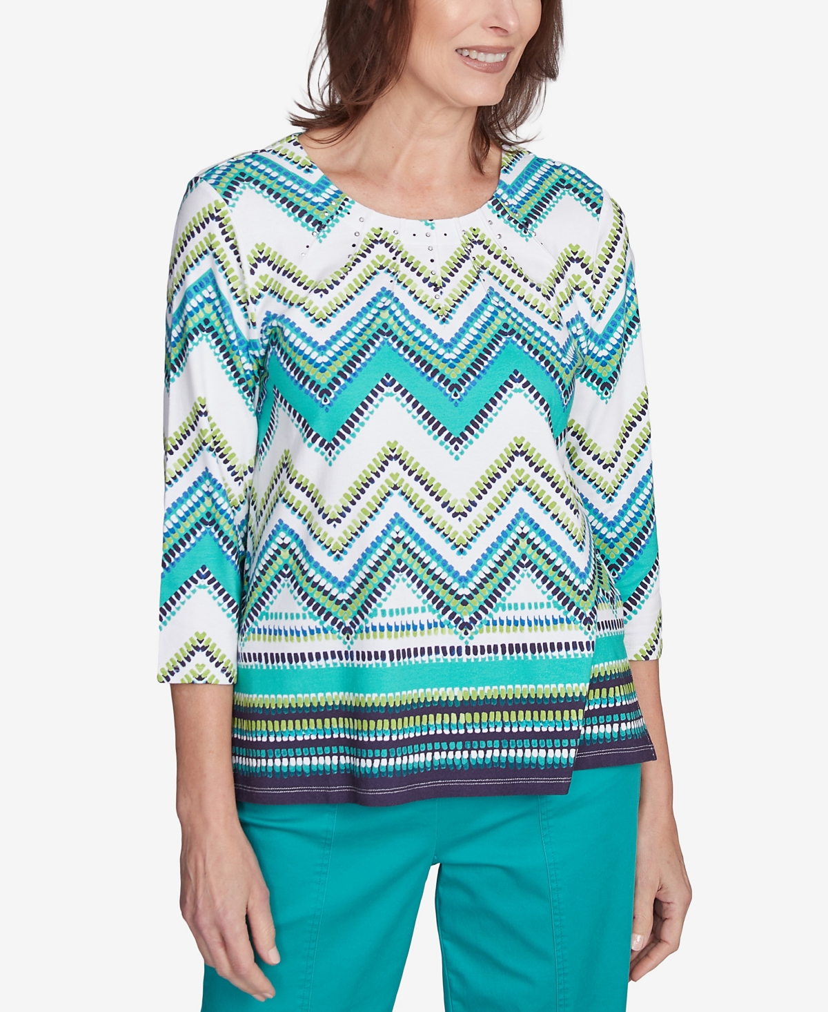 Petite Nantucket Pleated Neckline Chevron Top - Jade Multi