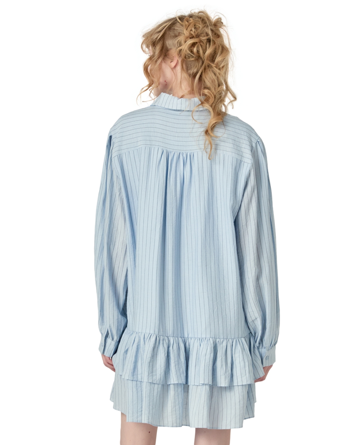 English Factory Women's Striped Blouson-sleeve Drop-waist Shirtdress In Powder Blue