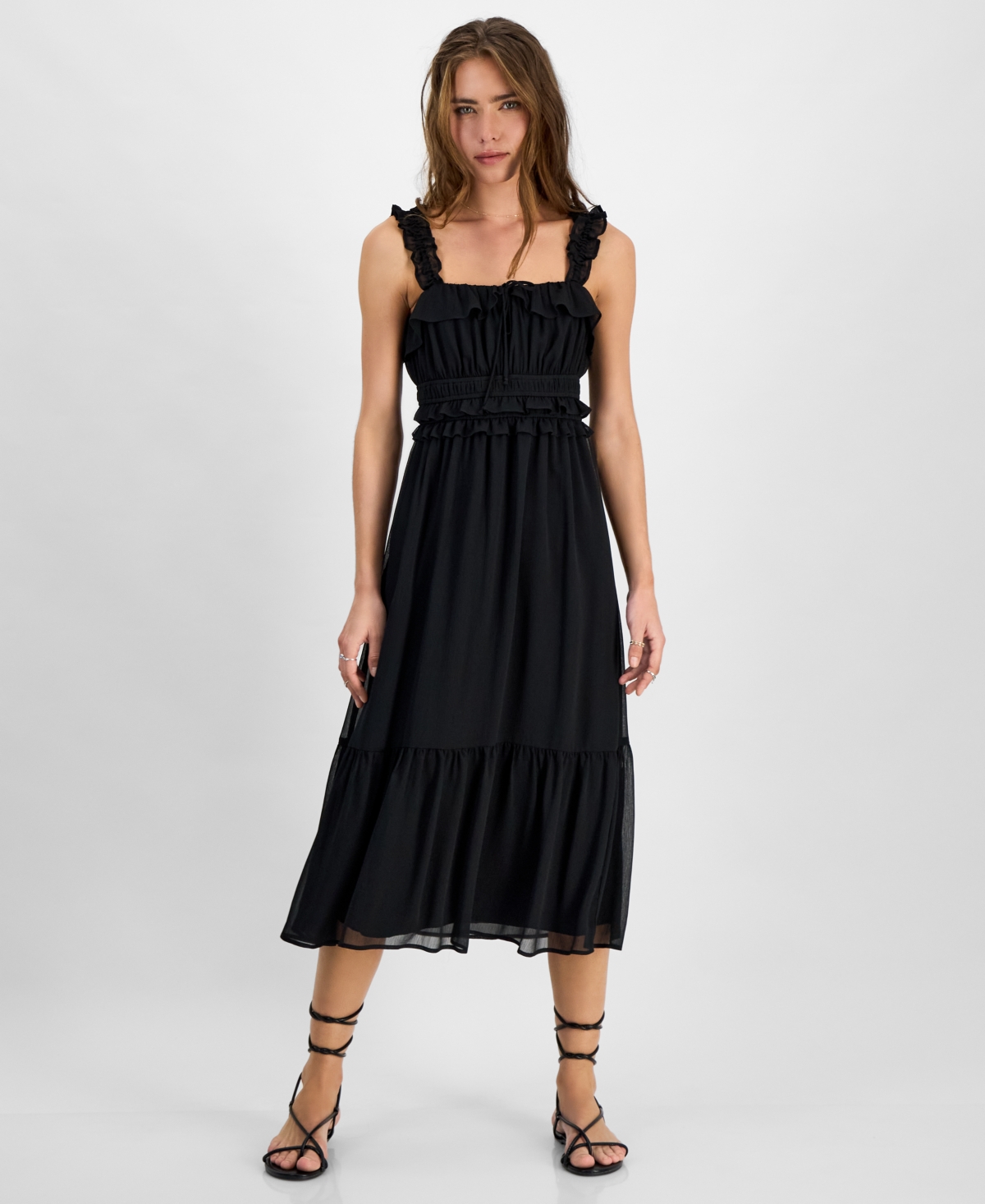 KINGSTON GREY JUNIORS' RUFFLED SQUARE-NECK SLEEVELESS MIDI DRESS 