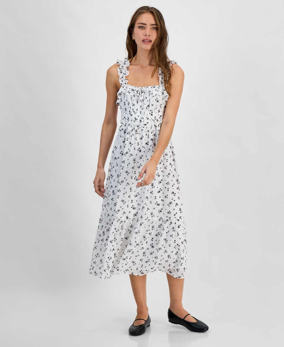 KINGSTON GREY JUNIORS' RUFFLED SQUARE-NECK SLEEVELESS MIDI DRESS 