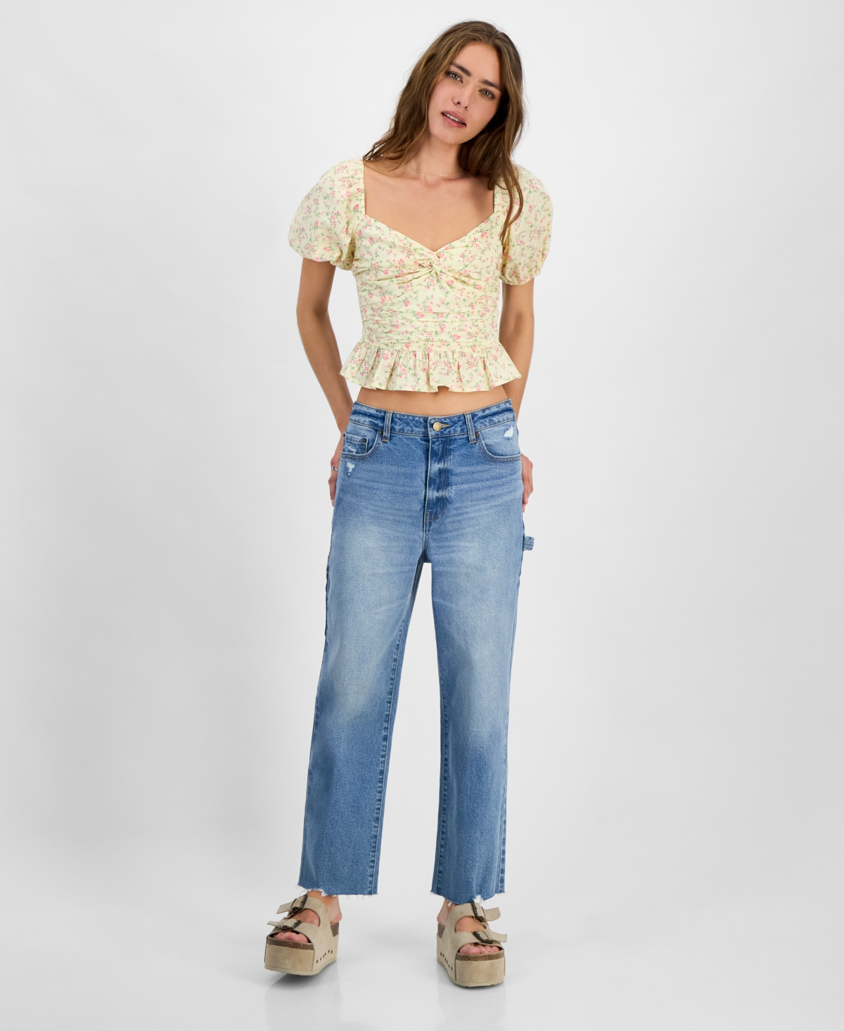 KINGSTON GREY JUNIORS' PRINTED SWEETHEART-NECK PUFF-SLEEVE TOP 