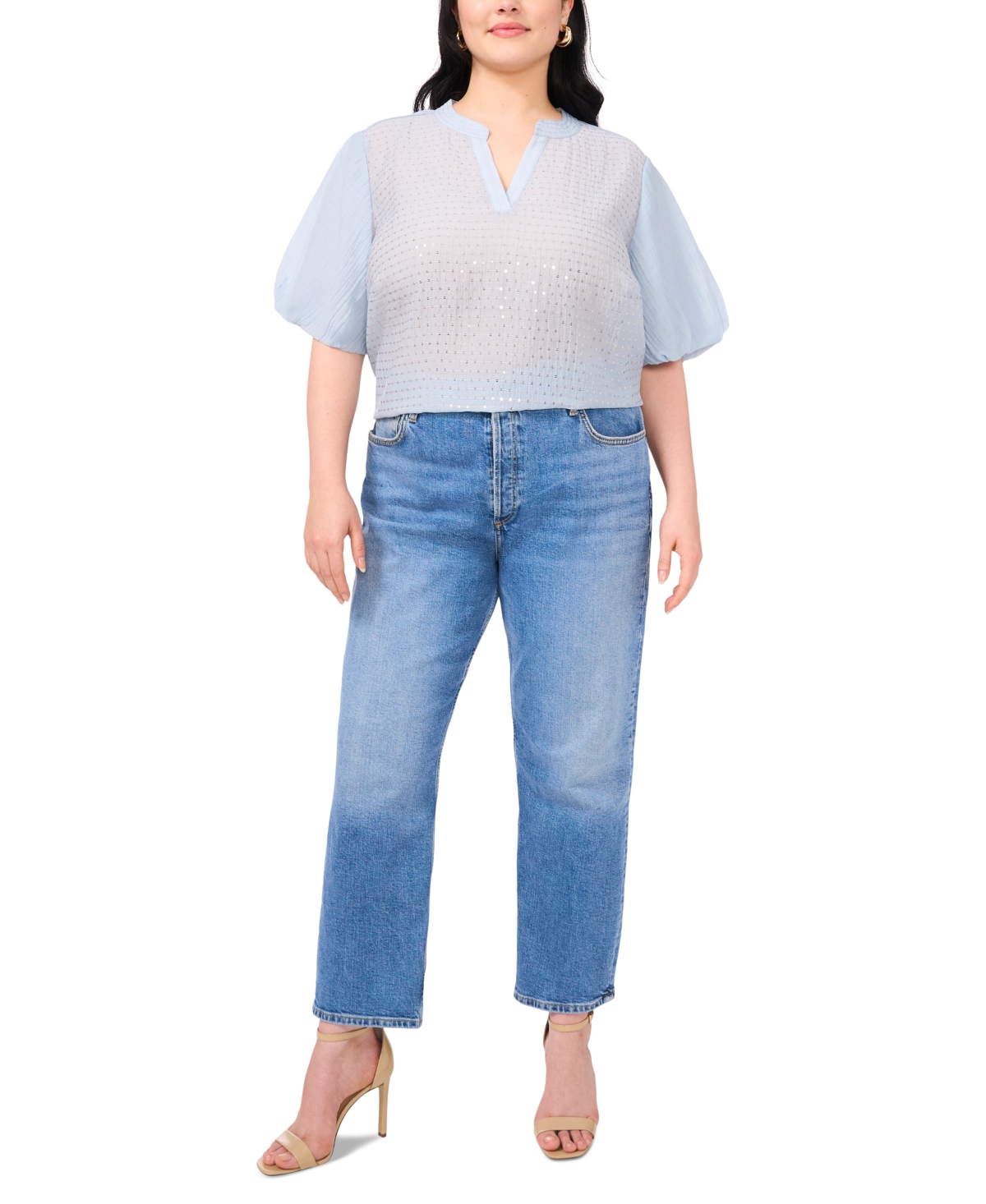 VINCE CAMUTO PLUS SIZE SEQUIN-FRONT BALLOON-SLEEVE TOP 