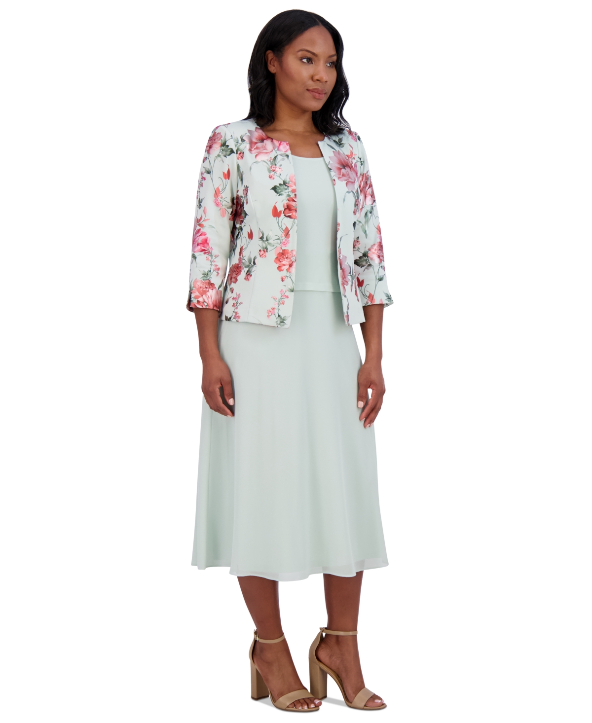 Jessica Howard Petite 2-pc. Floral-print Jacket & Midi Dress Set In Sage