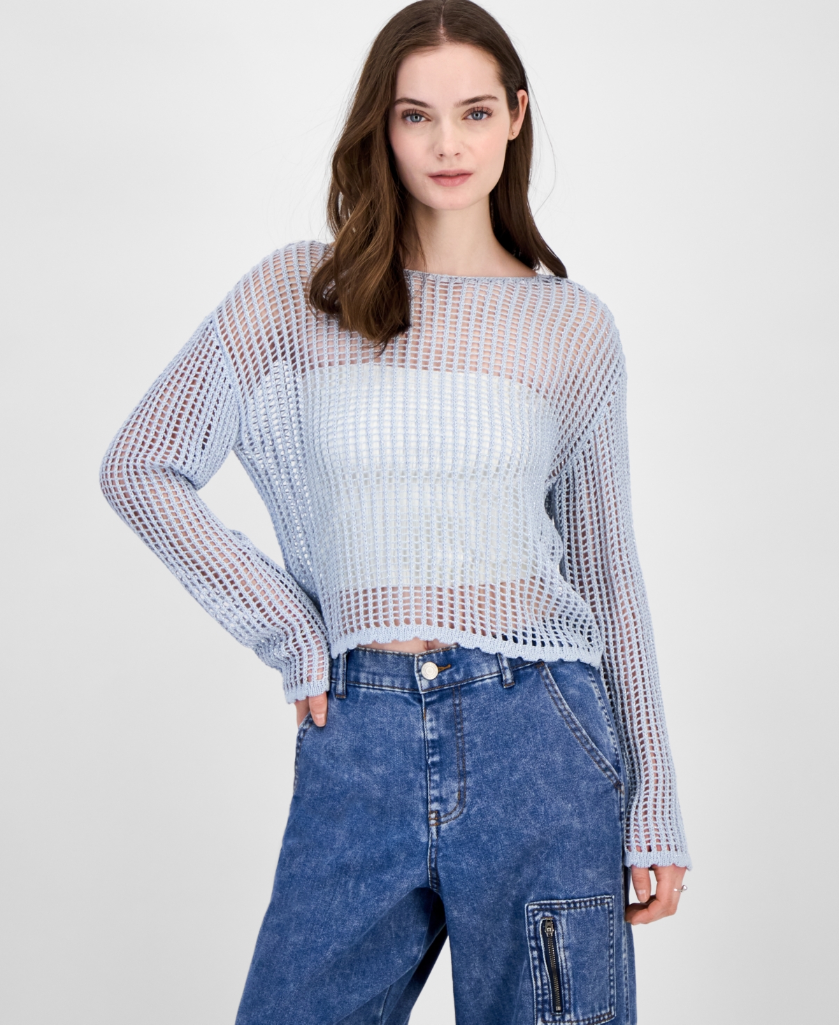 Ultra Flirt Juniors' Shimmer Open-knit Sweater In Shimmer Baby Blue