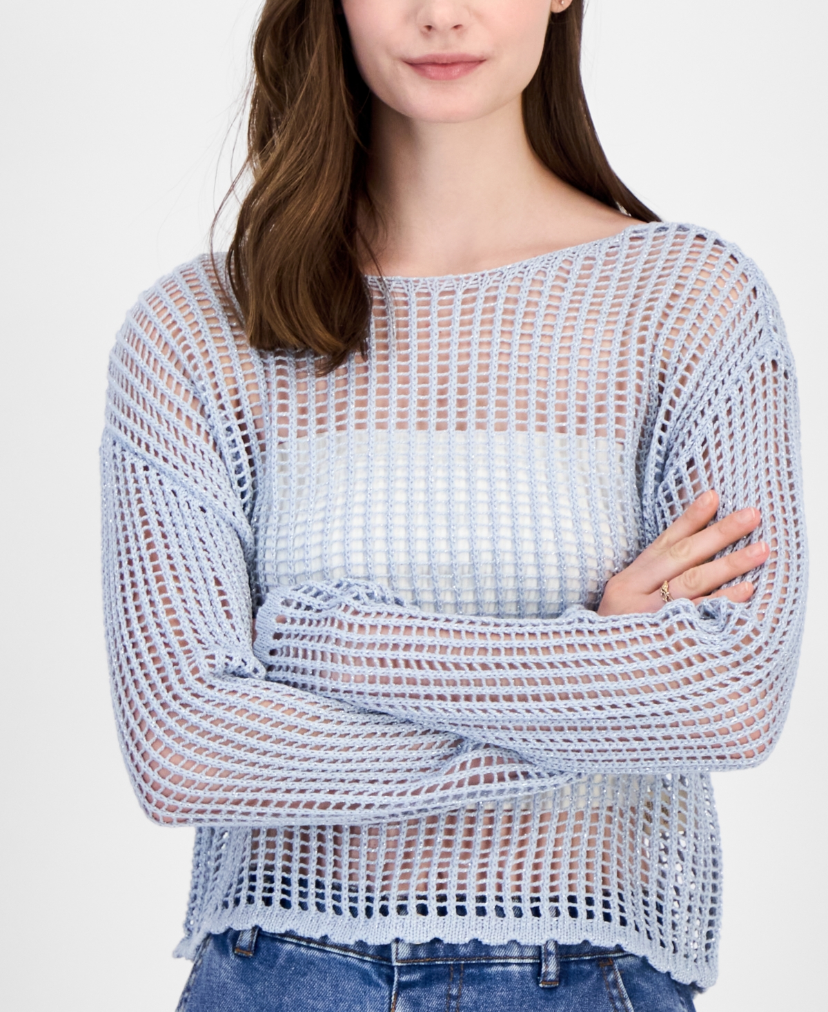 Ultra Flirt Juniors' Shimmer Open-knit Sweater In Shimmer Baby Blue