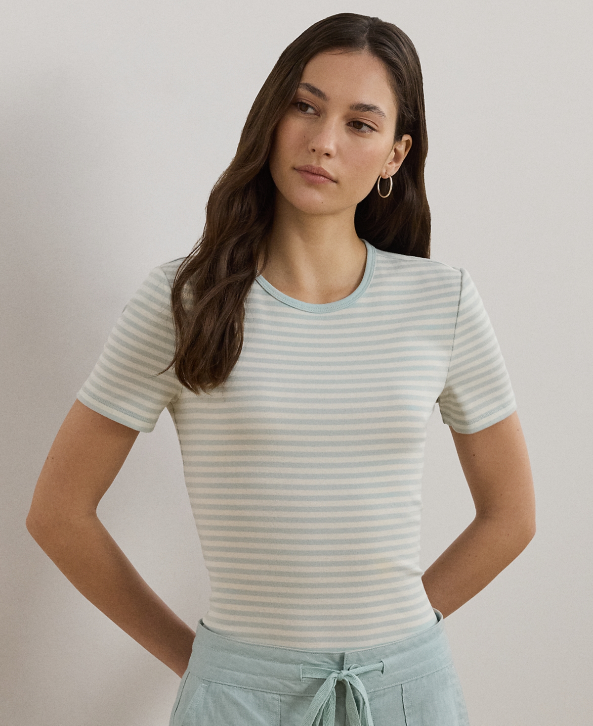 Shop Ralph Lauren Petite Striped Stretch Cotton Crewneck Tee In Aqua Pearl,mascarpone Cream