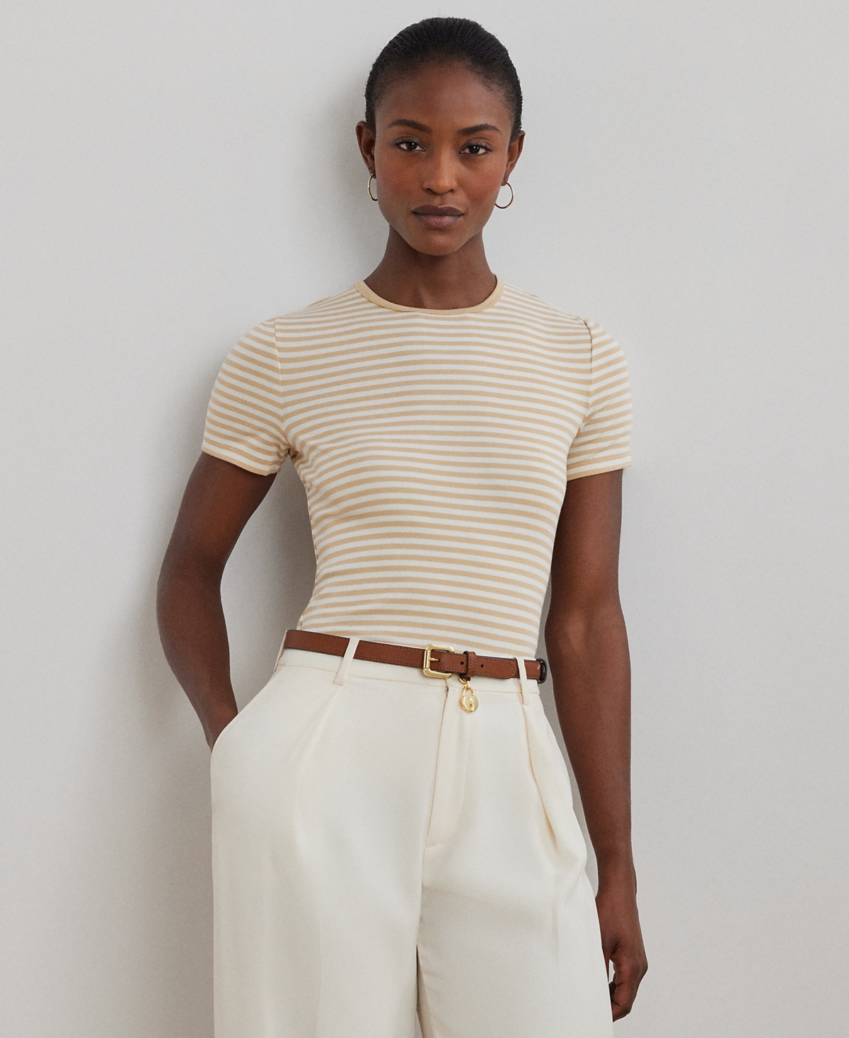 Shop Ralph Lauren Petite Striped Stretch Cotton Crewneck Tee In Sand Dune,mascarpone Cream
