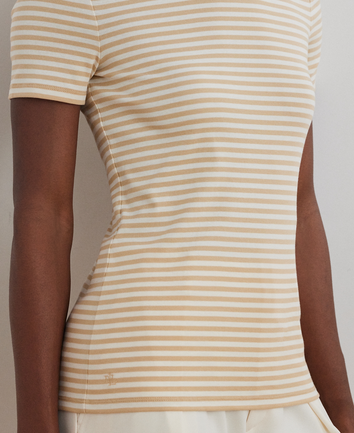 Shop Ralph Lauren Petite Striped Stretch Cotton Crewneck Tee In Sand Dune,mascarpone Cream