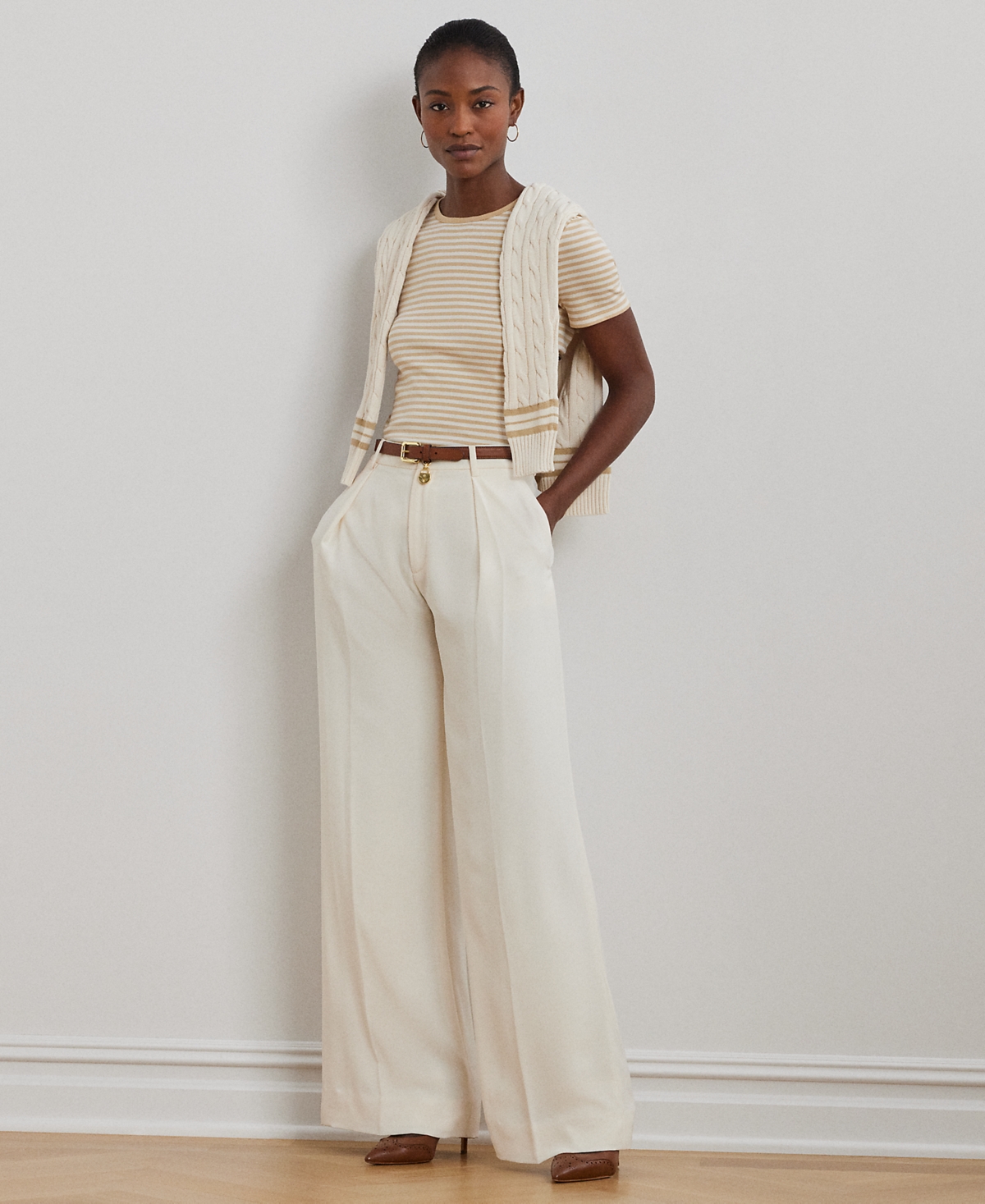 Shop Ralph Lauren Petite Striped Stretch Cotton Crewneck Tee In Sand Dune,mascarpone Cream