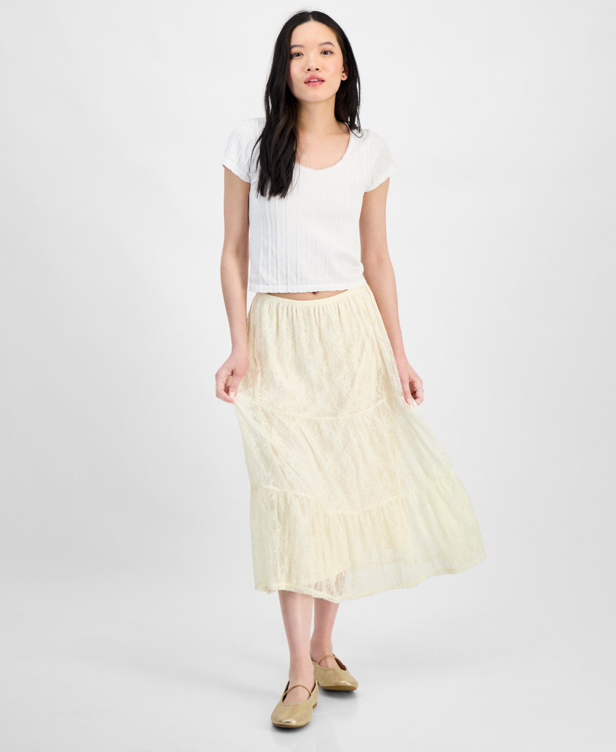 Juniors' Lace Tiered Pull-On Midi Skirt - Egret