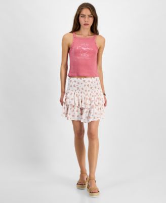 Kingston Grey - Juniors' Printed Smocked-Waist Tiered Skort