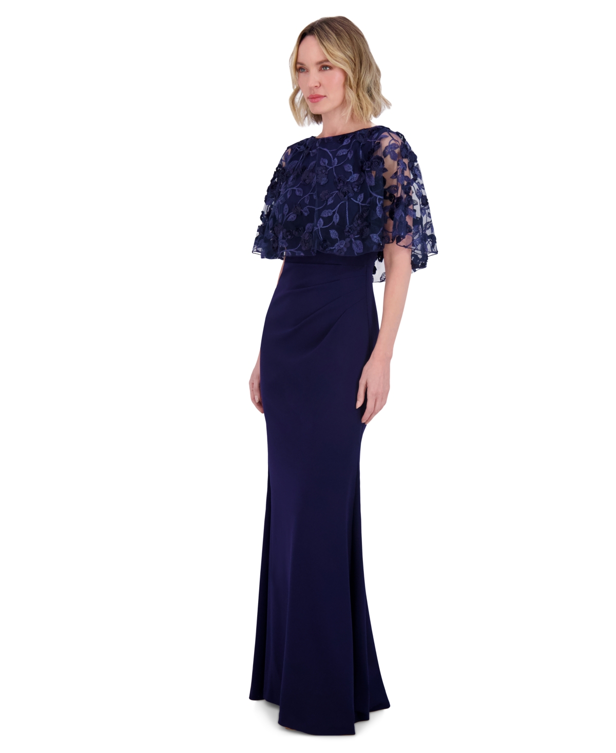Eliza J Women's Embroidered Cape Overlay Scuba Gown In Navy