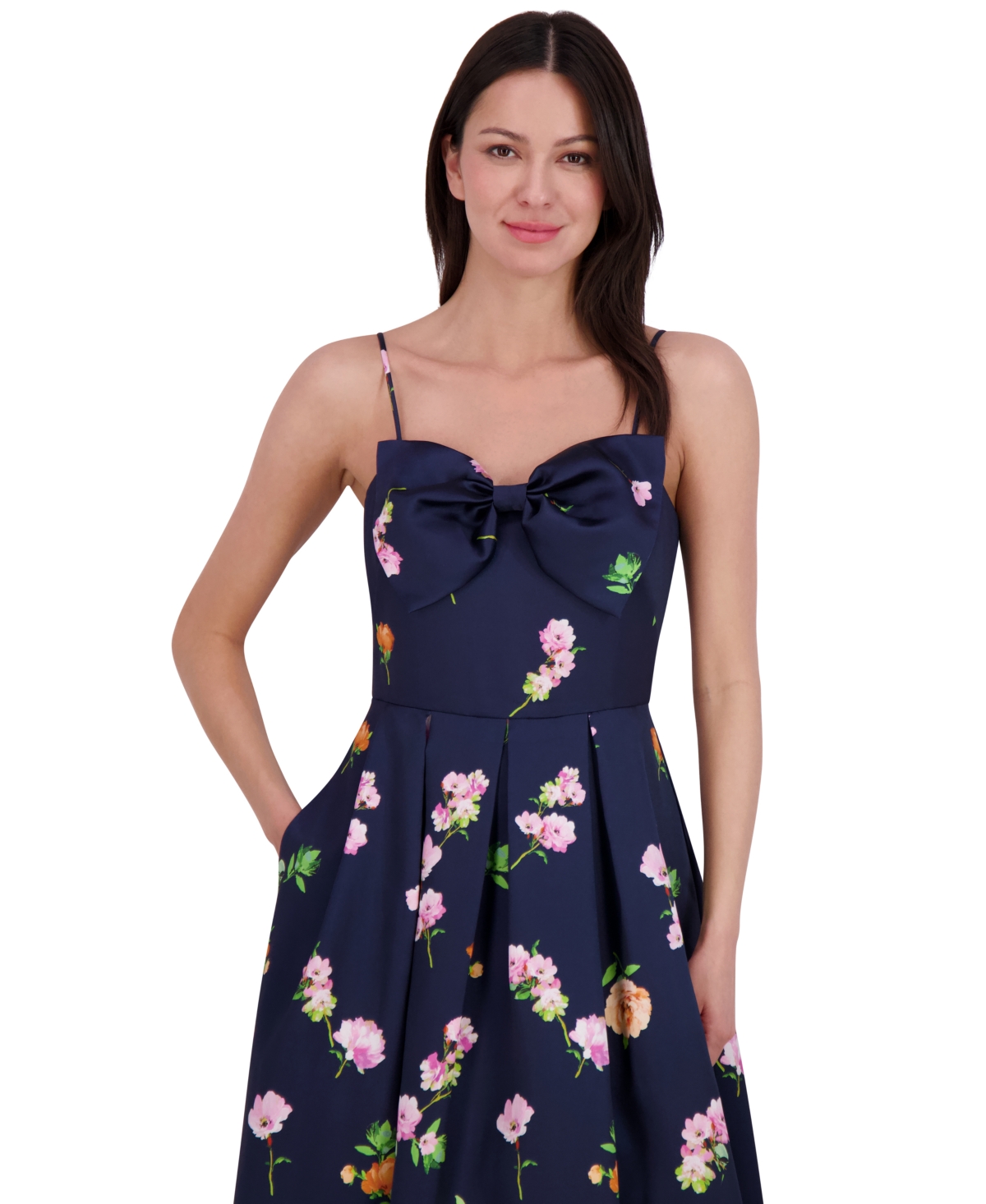 ELIZA J WOMEN'S PRINTED BOW SLEEVELESS BALL GOWN 