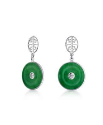 Asian Style Green Jade Dangle Earrings 14K Gold Plated Sterling Silver