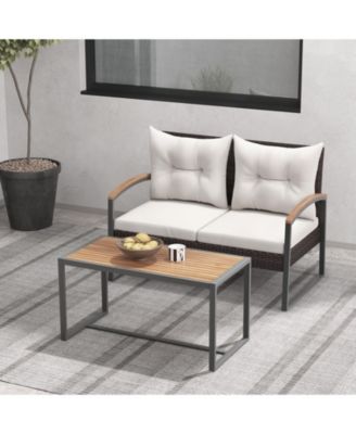 2 Pieces Patio PE Wicker Furniture Set with Acacia Wood Coffee Table