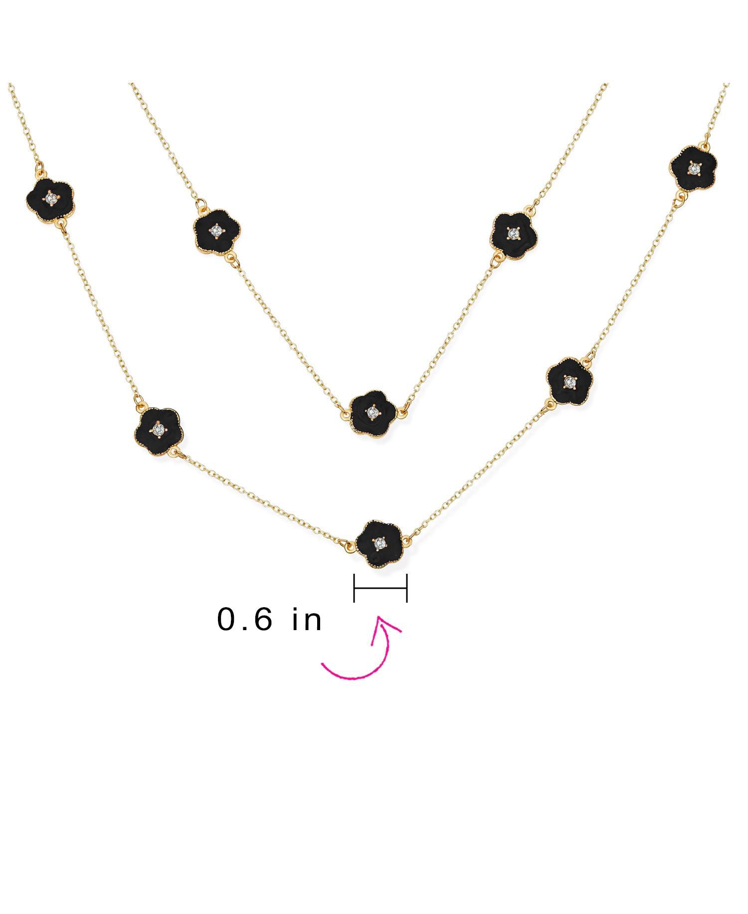 Long Crystal Enamel Rose Flower Double Wrap Clover Necklace Gold Tone 36"