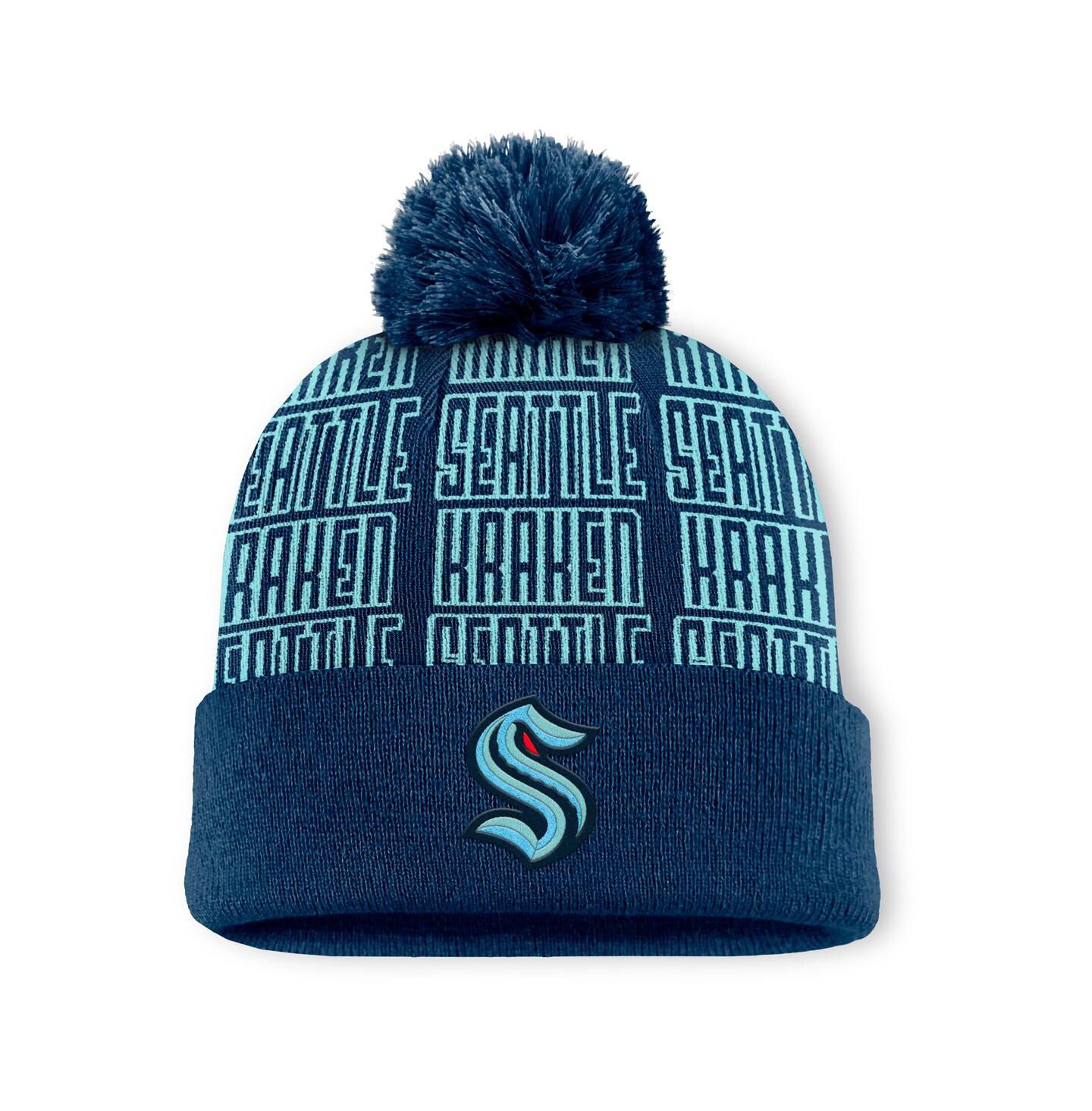 Мужская шапка Fanatics Navy/Light Blue Seattle Kraken Fundamental Empty Net Cuffed Knit Hat with Pom — фото 1