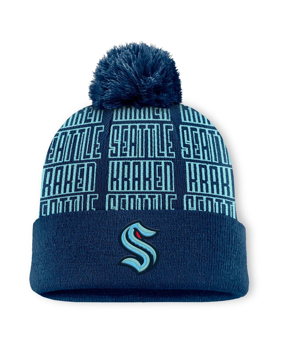 Fanatics Men's Navy/light Blue Seattle Kraken Fundamental Empty Net Cuffed Knit Hat With Pom In Navy,light Blue