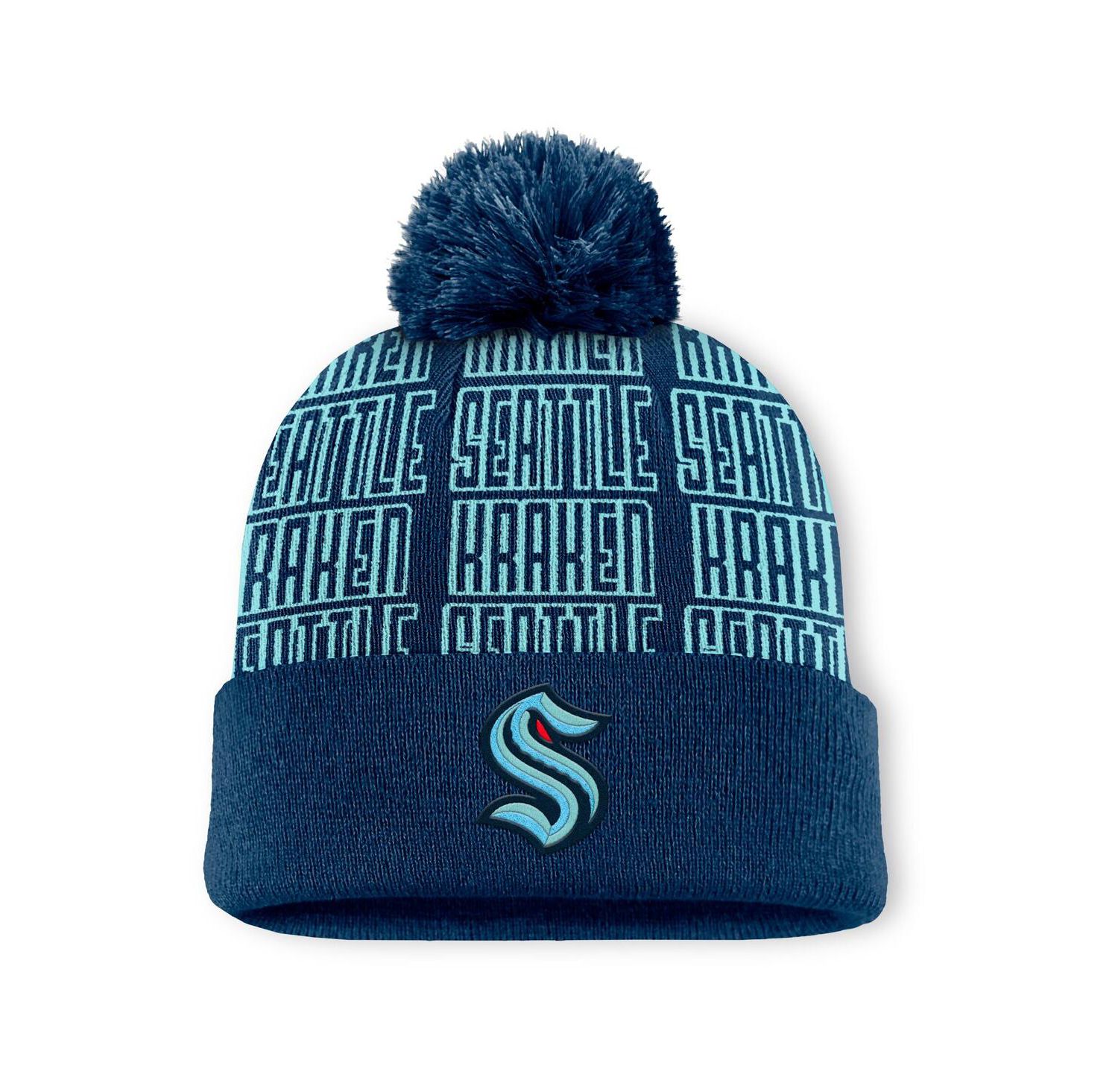Men's Navy/Light Blue Seattle Kraken Fundamental Empty Net Cuffed Knit Hat with Pom