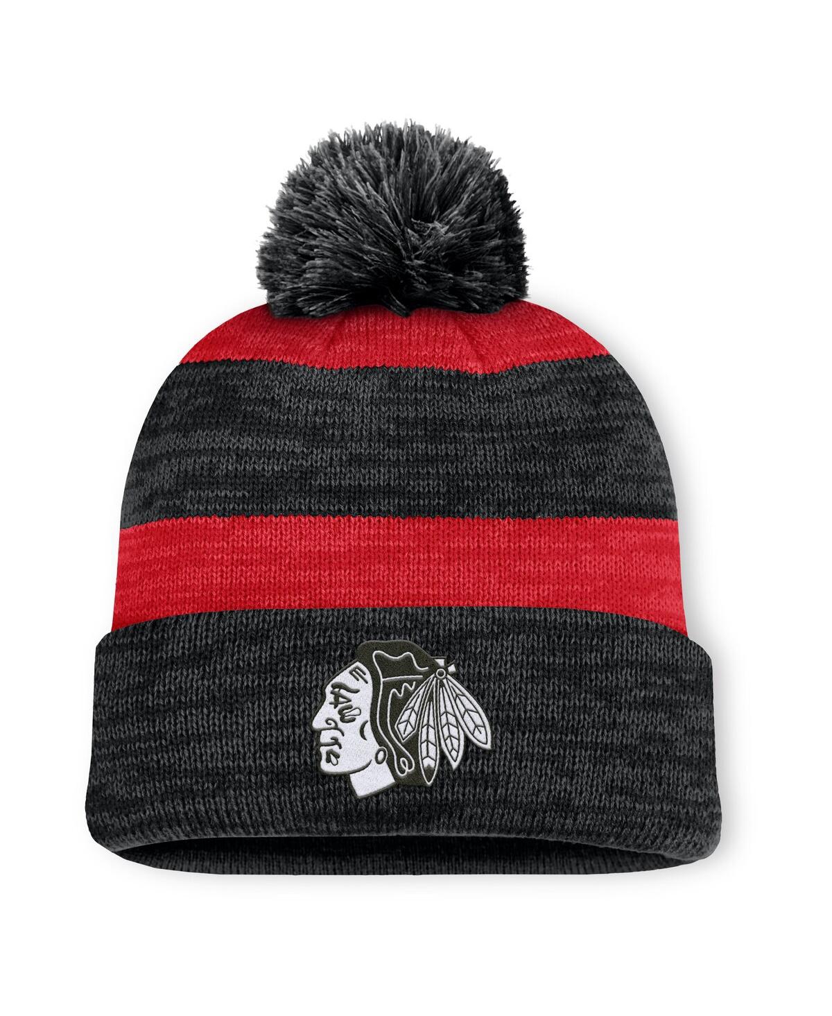 Fanatics Men's Black Chicago Blackhawks Fundamental Red Line Cuffed Knit Hat With Pom In Black